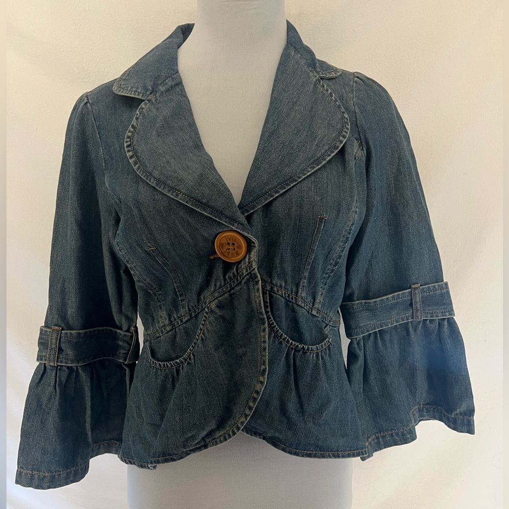 Vintage Y2K Ivy Jane Denim Blazer Jacket Peplum Hem Bell Sleeve Size S Coquette